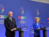 A joint press conference is held by Ursula Von Der Leyen, President of the European Commission, Charles Michel, President of the European Co...