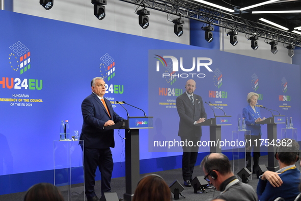 A joint press conference is held by Ursula Von Der Leyen, President of the European Commission, Charles Michel, President of the European Co...