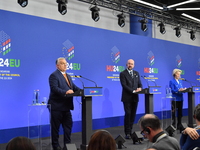 A joint press conference is held by Ursula Von Der Leyen, President of the European Commission, Charles Michel, President of the European Co...