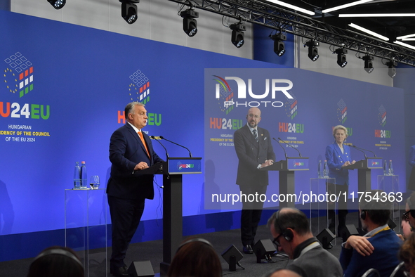 A joint press conference is held by Ursula Von Der Leyen, President of the European Commission, Charles Michel, President of the European Co...