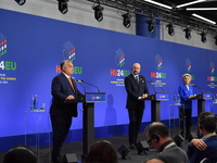 A joint press conference is held by Ursula Von Der Leyen, President of the European Commission, Charles Michel, President of the European Co...