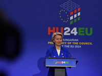 A joint press conference is held by Ursula Von Der Leyen, President of the European Commission, Charles Michel, President of the European Co...