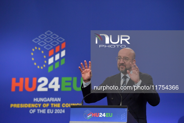 A joint press conference is held by Ursula Von Der Leyen, President of the European Commission, Charles Michel, President of the European Co...