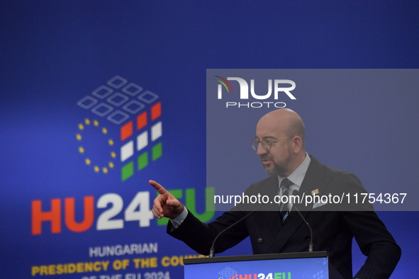 A joint press conference is held by Ursula Von Der Leyen, President of the European Commission, Charles Michel, President of the European Co...