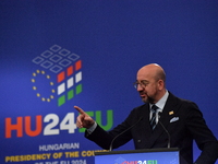 A joint press conference is held by Ursula Von Der Leyen, President of the European Commission, Charles Michel, President of the European Co...