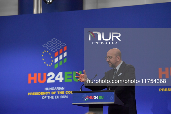 A joint press conference is held by Ursula Von Der Leyen, President of the European Commission, Charles Michel, President of the European Co...