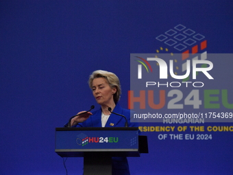 A joint press conference is held by Ursula Von Der Leyen, President of the European Commission, Charles Michel, President of the European Co...