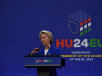 A joint press conference is held by Ursula Von Der Leyen, President of the European Commission, Charles Michel, President of the European Co...