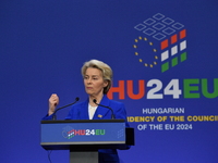 A joint press conference is held by Ursula Von Der Leyen, President of the European Commission, Charles Michel, President of the European Co...