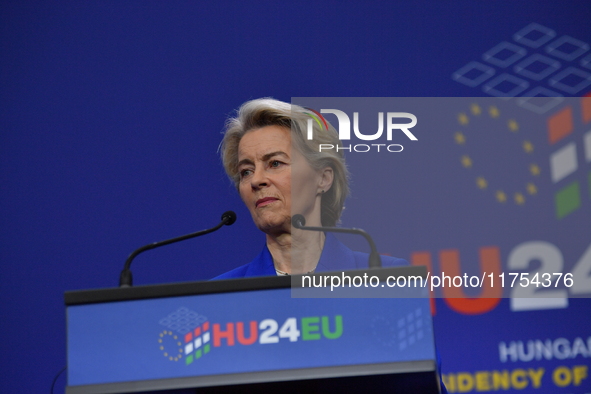 A joint press conference is held by Ursula Von Der Leyen, President of the European Commission, Charles Michel, President of the European Co...