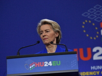 A joint press conference is held by Ursula Von Der Leyen, President of the European Commission, Charles Michel, President of the European Co...