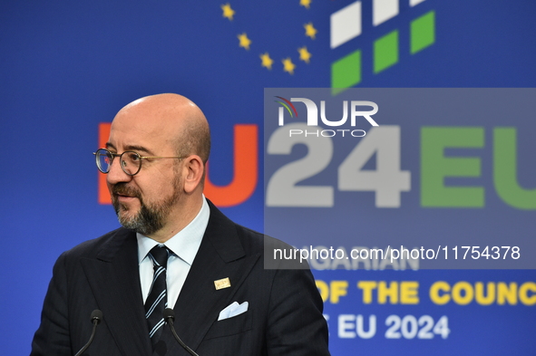 A joint press conference is held by Ursula Von Der Leyen, President of the European Commission, Charles Michel, President of the European Co...