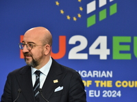 A joint press conference is held by Ursula Von Der Leyen, President of the European Commission, Charles Michel, President of the European Co...