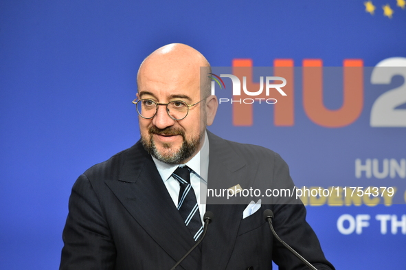 A joint press conference is held by Ursula Von Der Leyen, President of the European Commission, Charles Michel, President of the European Co...