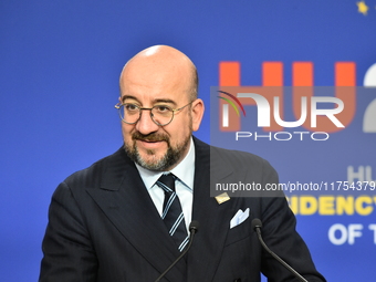 A joint press conference is held by Ursula Von Der Leyen, President of the European Commission, Charles Michel, President of the European Co...