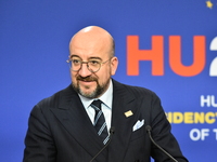 A joint press conference is held by Ursula Von Der Leyen, President of the European Commission, Charles Michel, President of the European Co...