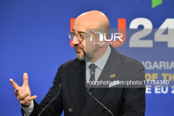 A joint press conference is held by Ursula Von Der Leyen, President of the European Commission, Charles Michel, President of the European Co...