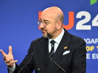 A joint press conference is held by Ursula Von Der Leyen, President of the European Commission, Charles Michel, President of the European Co...