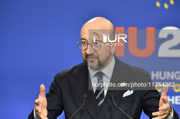 A joint press conference is held by Ursula Von Der Leyen, President of the European Commission, Charles Michel, President of the European Co...