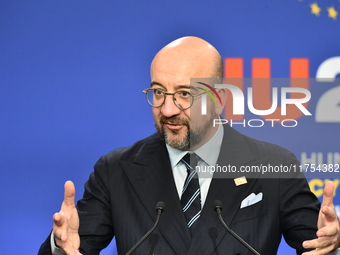 A joint press conference is held by Ursula Von Der Leyen, President of the European Commission, Charles Michel, President of the European Co...