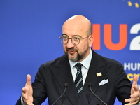 A joint press conference is held by Ursula Von Der Leyen, President of the European Commission, Charles Michel, President of the European Co...