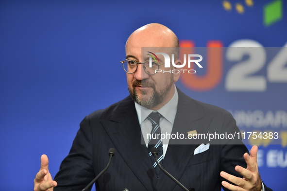 A joint press conference is held by Ursula Von Der Leyen, President of the European Commission, Charles Michel, President of the European Co...