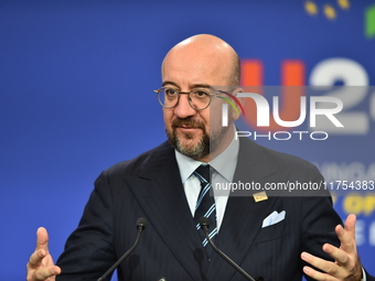 A joint press conference is held by Ursula Von Der Leyen, President of the European Commission, Charles Michel, President of the European Co...