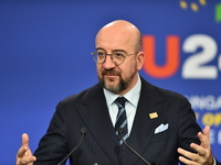 A joint press conference is held by Ursula Von Der Leyen, President of the European Commission, Charles Michel, President of the European Co...