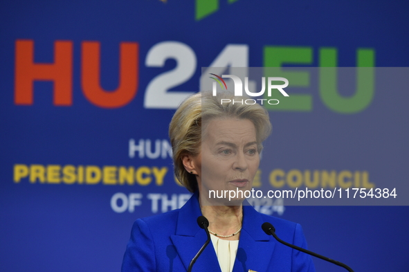 A joint press conference is held by Ursula Von Der Leyen, President of the European Commission, Charles Michel, President of the European Co...