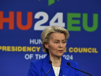 A joint press conference is held by Ursula Von Der Leyen, President of the European Commission, Charles Michel, President of the European Co...