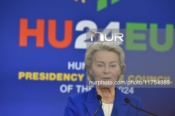 A joint press conference is held by Ursula Von Der Leyen, President of the European Commission, Charles Michel, President of the European Co...