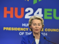 A joint press conference is held by Ursula Von Der Leyen, President of the European Commission, Charles Michel, President of the European Co...