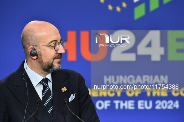 A joint press conference is held by Ursula Von Der Leyen, President of the European Commission, Charles Michel, President of the European Co...