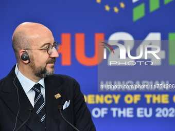 A joint press conference is held by Ursula Von Der Leyen, President of the European Commission, Charles Michel, President of the European Co...