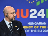 A joint press conference is held by Ursula Von Der Leyen, President of the European Commission, Charles Michel, President of the European Co...