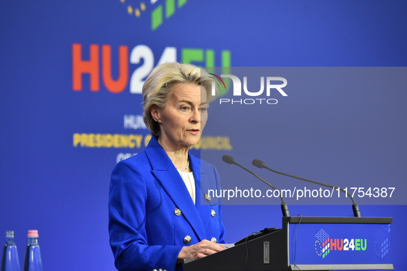 A joint press conference is held by Ursula Von Der Leyen, President of the European Commission, Charles Michel, President of the European Co...