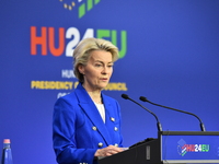 A joint press conference is held by Ursula Von Der Leyen, President of the European Commission, Charles Michel, President of the European Co...