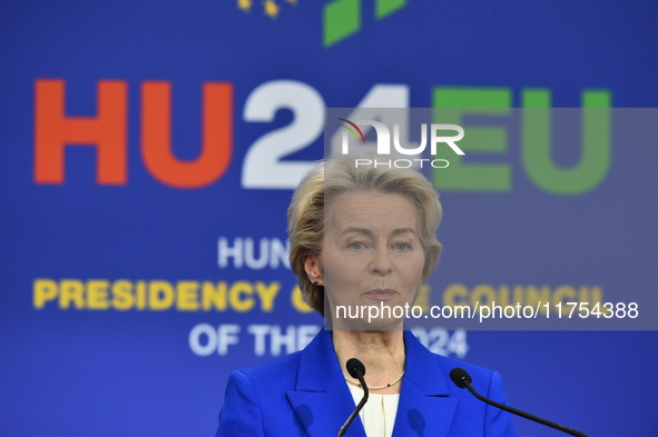 A joint press conference is held by Ursula Von Der Leyen, President of the European Commission, Charles Michel, President of the European Co...