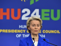 A joint press conference is held by Ursula Von Der Leyen, President of the European Commission, Charles Michel, President of the European Co...