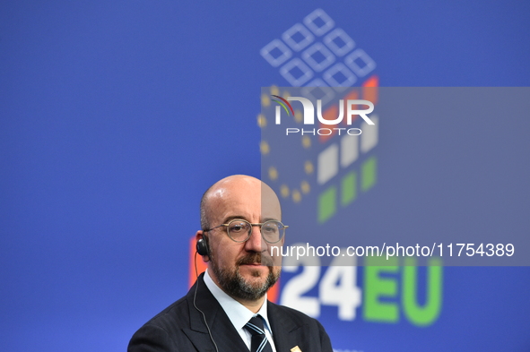 A joint press conference is held by Ursula Von Der Leyen, President of the European Commission, Charles Michel, President of the European Co...