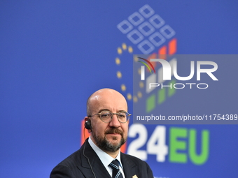 A joint press conference is held by Ursula Von Der Leyen, President of the European Commission, Charles Michel, President of the European Co...