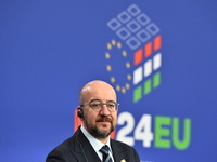 A joint press conference is held by Ursula Von Der Leyen, President of the European Commission, Charles Michel, President of the European Co...