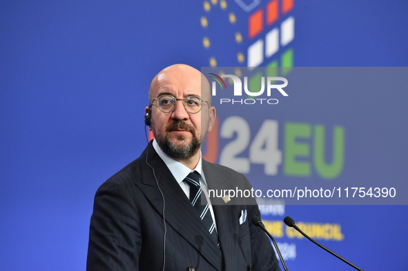 A joint press conference is held by Ursula Von Der Leyen, President of the European Commission, Charles Michel, President of the European Co...