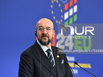 A joint press conference is held by Ursula Von Der Leyen, President of the European Commission, Charles Michel, President of the European Co...