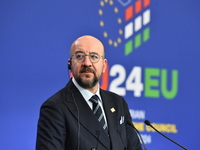 A joint press conference is held by Ursula Von Der Leyen, President of the European Commission, Charles Michel, President of the European Co...