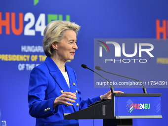 A joint press conference is held by Ursula Von Der Leyen, President of the European Commission, Charles Michel, President of the European Co...