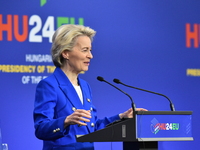 A joint press conference is held by Ursula Von Der Leyen, President of the European Commission, Charles Michel, President of the European Co...