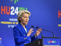 A joint press conference is held by Ursula Von Der Leyen, President of the European Commission, Charles Michel, President of the European Co...