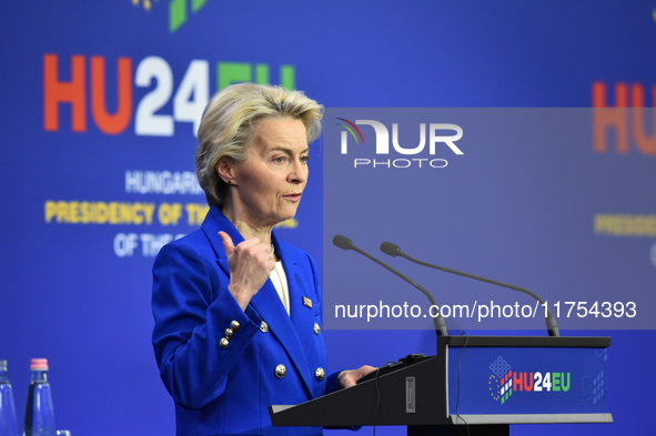 A joint press conference is held by Ursula Von Der Leyen, President of the European Commission, Charles Michel, President of the European Co...