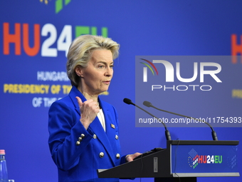 A joint press conference is held by Ursula Von Der Leyen, President of the European Commission, Charles Michel, President of the European Co...